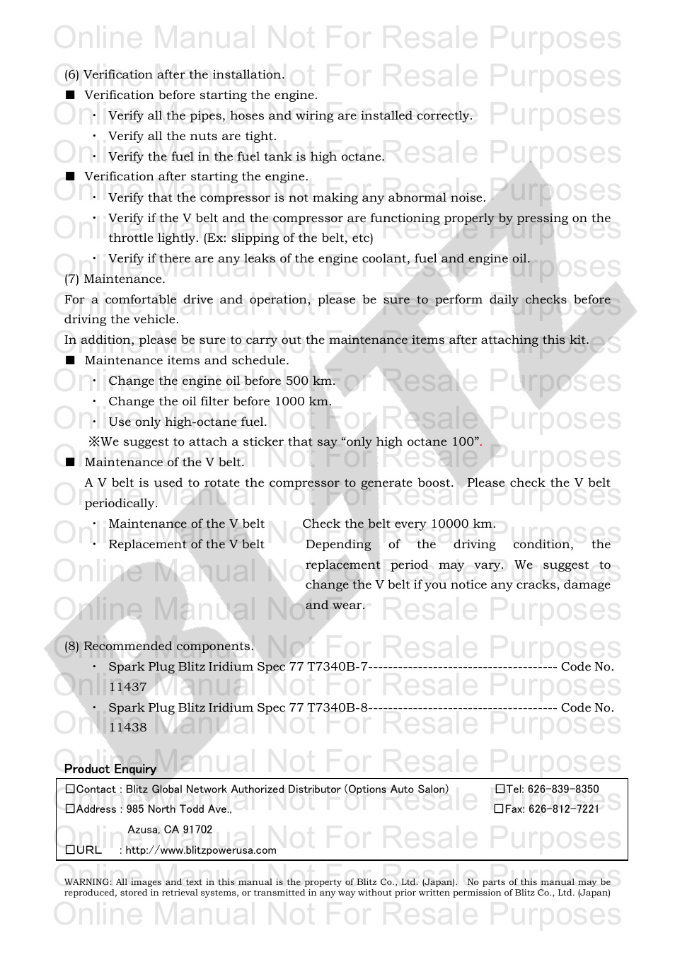 Online manual not for resale purposes | BLITZ Toyota Celica Compressor System User Manual | Page 35 / 36