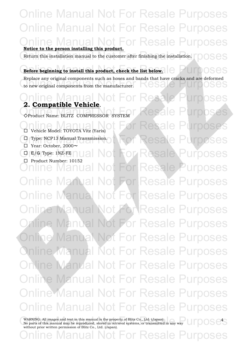 Online manual not for resale purposes | BLITZ Toyota Yaris Compressor System User Manual | Page 5 / 27