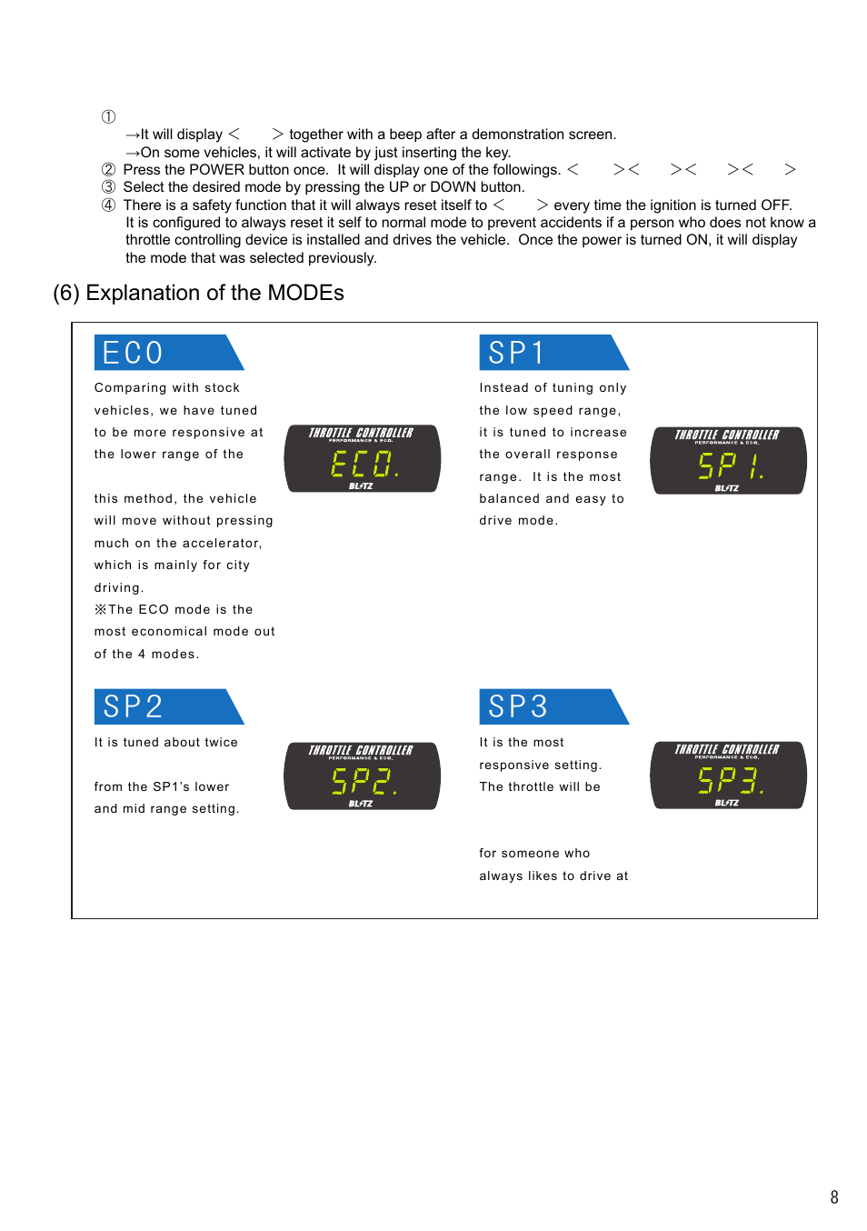 5) operational check, 6) explanation of the modes | BLITZ Throttle Controller User Manual | Page 8 / 9