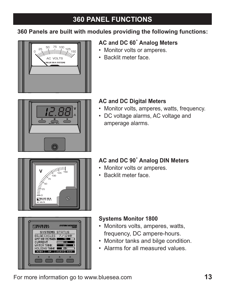 360 panel functions, Ac and dc 60 | Blue Sea Systems 1408 M-Series Dual Circuit Plus, Main + 3 Position CLB Vertical User Manual | Page 15 / 20