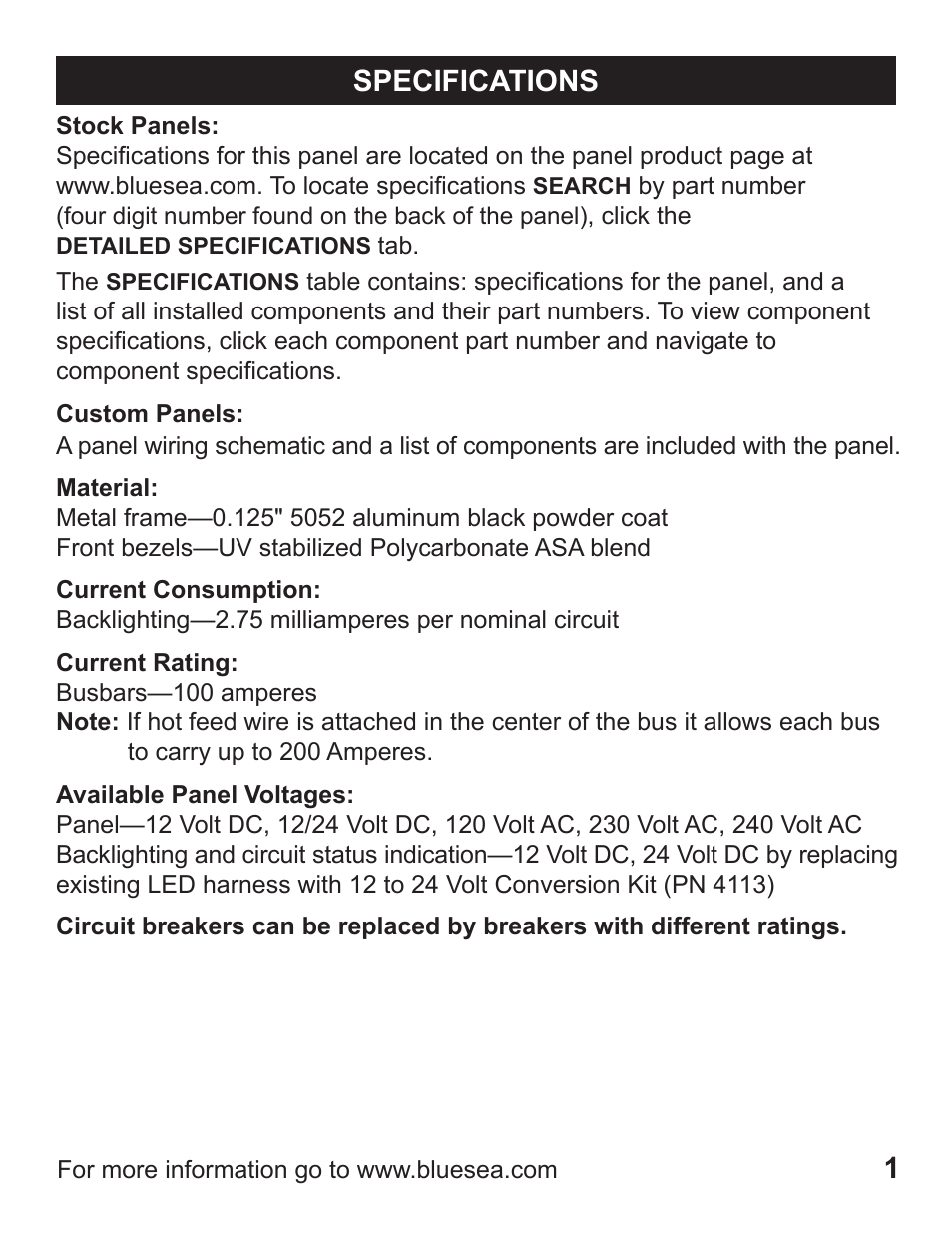 Specifications 1 | Blue Sea Systems 1408 M-Series Dual Circuit Plus, Main + 3 Position CLB Vertical User Manual | Page 3 / 20