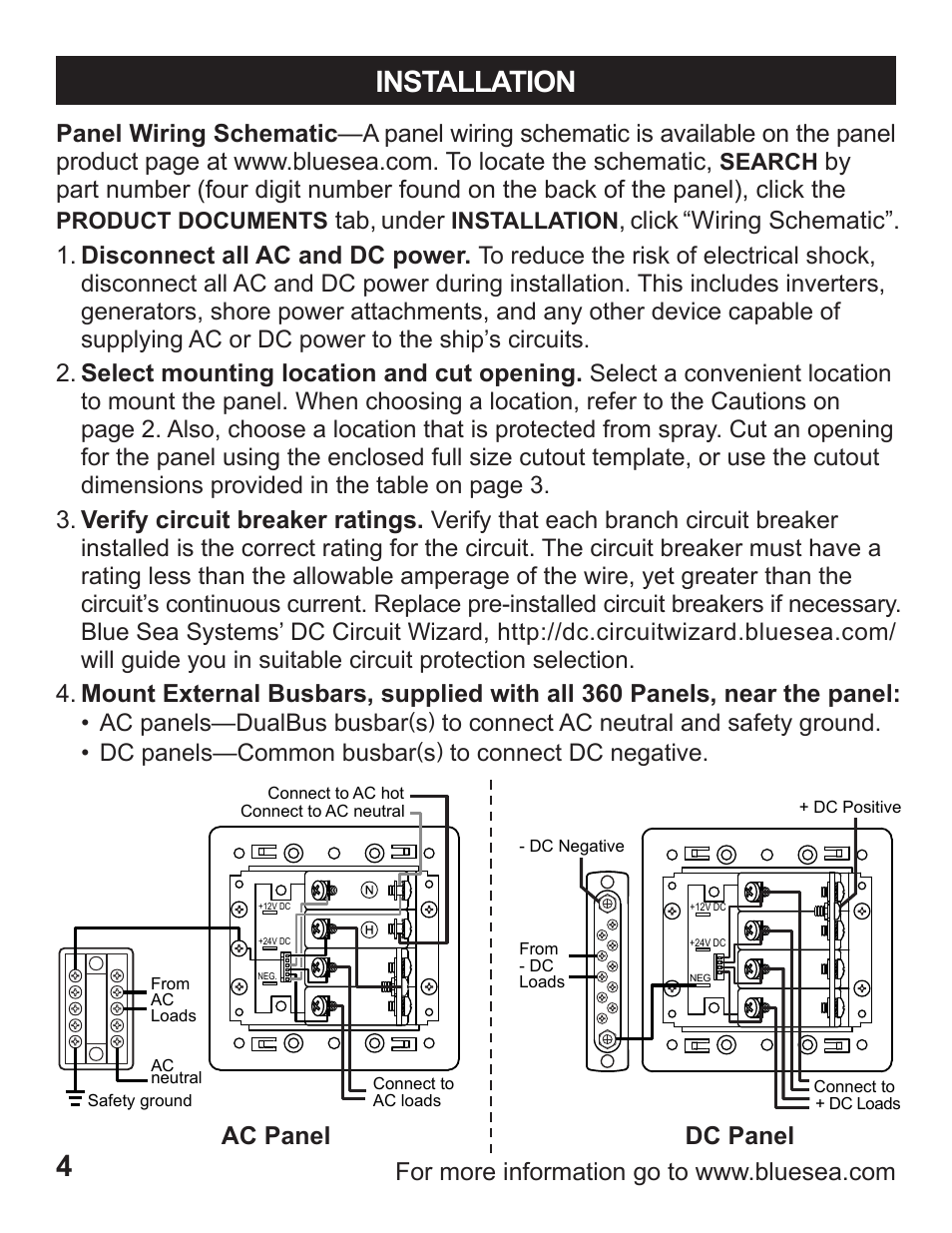 Installation, Tab, under, Select mounting location and cut opening | Verify circuit breaker ratings | Blue Sea Systems 1408 M-Series Dual Circuit Plus, Main + 3 Position CLB Vertical User Manual | Page 6 / 20