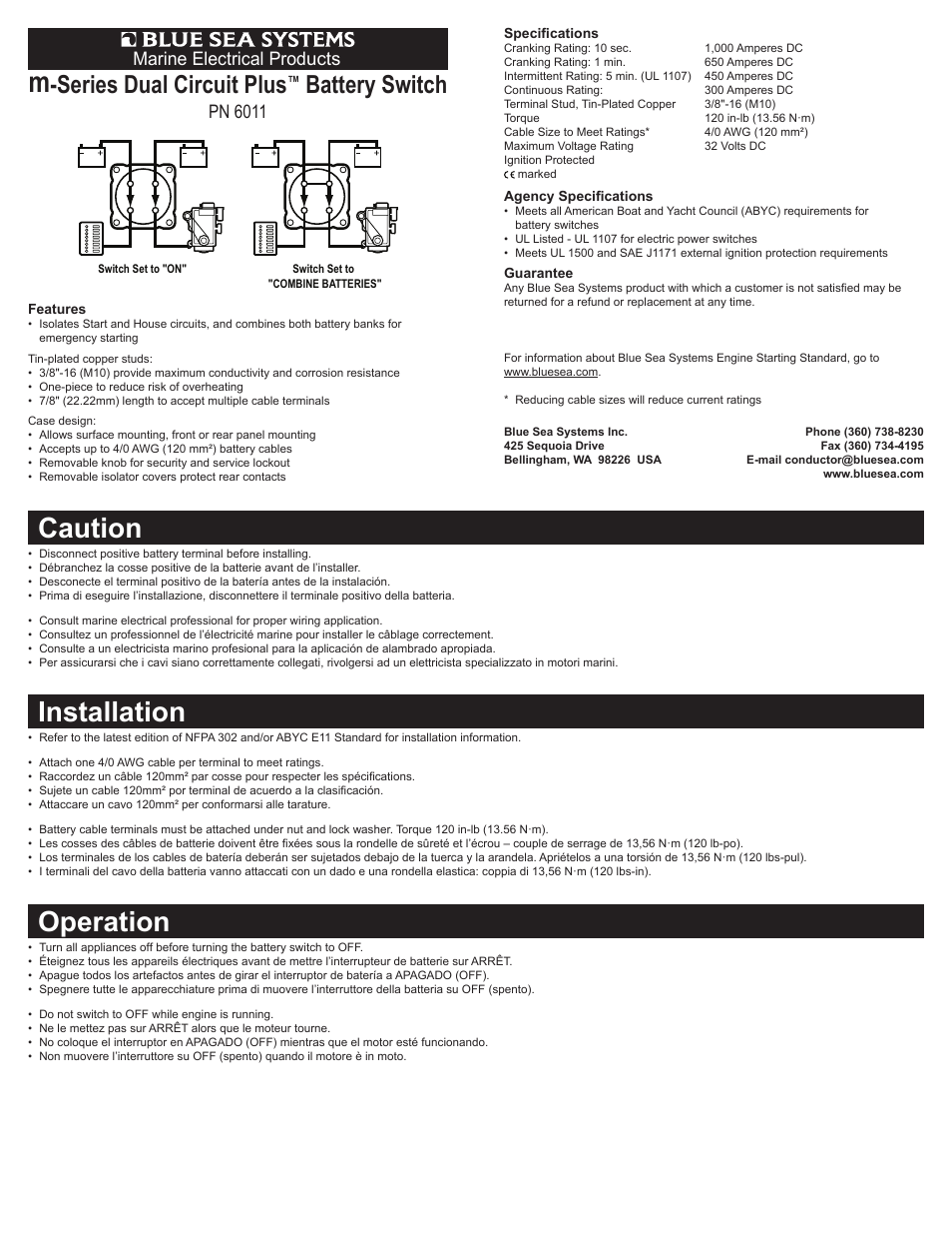 Blue Sea Systems 6011 m-Series Dual Circuit Plus Battery Switch User Manual | 2 pages
