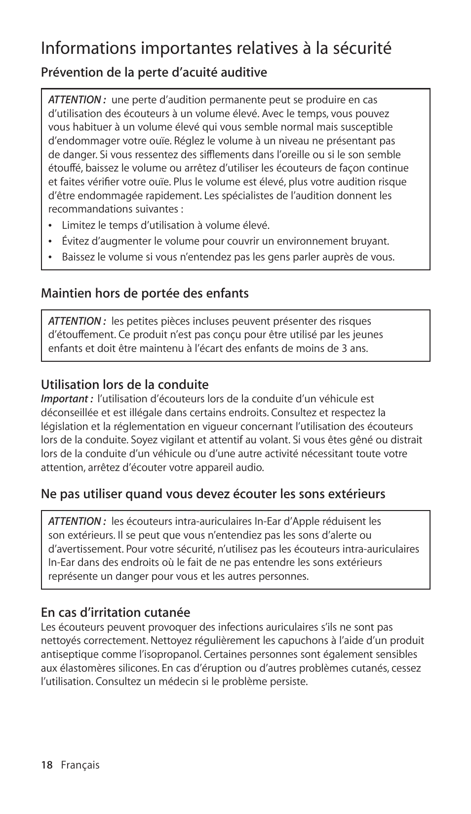 Informations importantes relatives à la sécurité | Apple In-Ear Headphones with Remote and Mic User Manual | Page 18 / 48