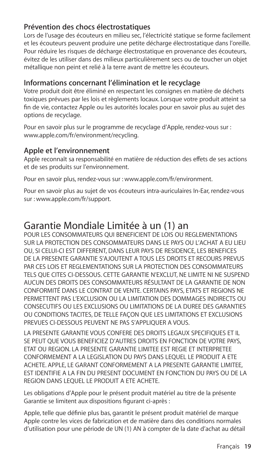 Garantie mondiale limitée à un (1) an | Apple In-Ear Headphones with Remote and Mic User Manual | Page 19 / 48