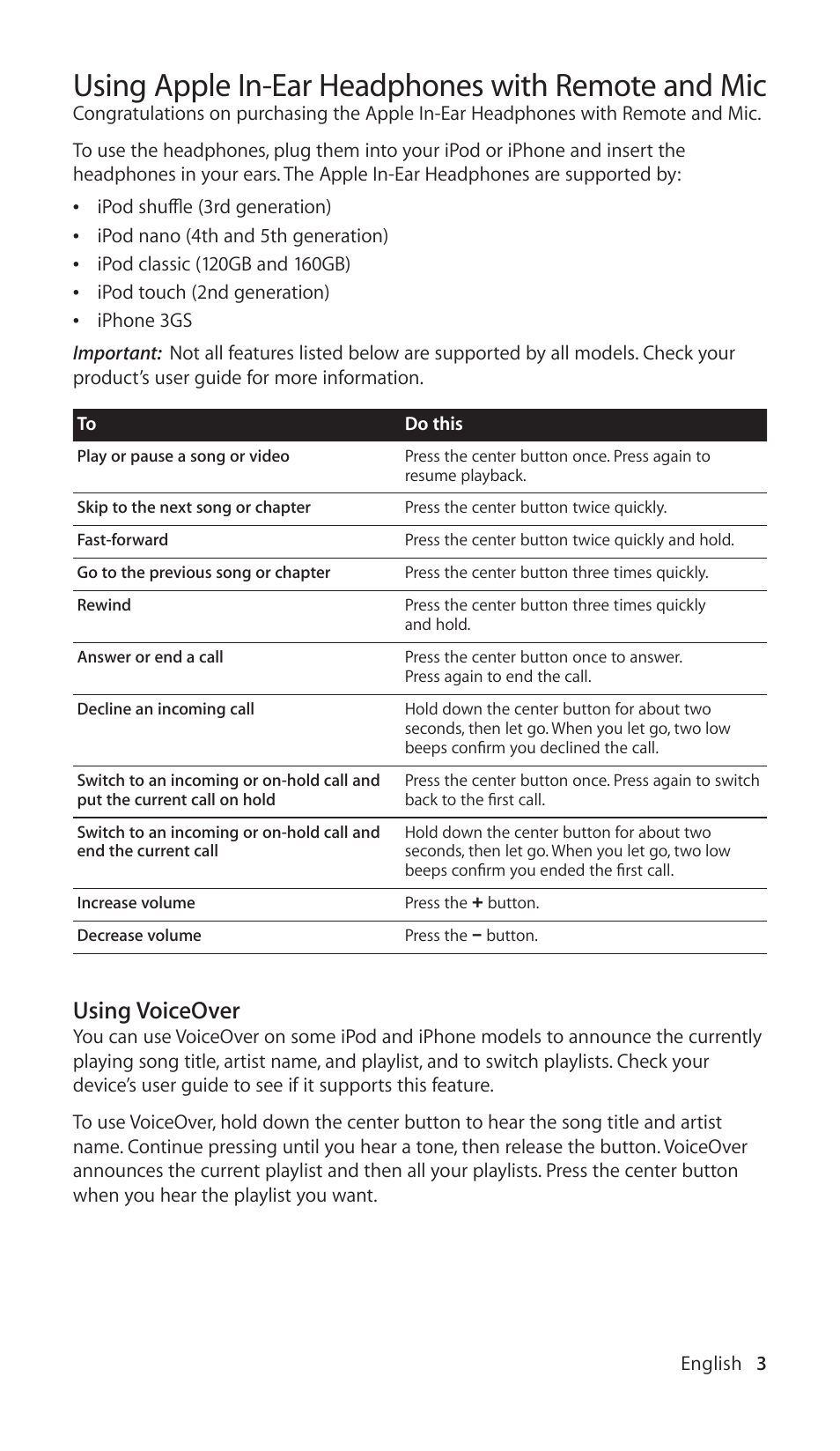 Using apple in-ear headphones with remote and mic, Using voiceover | Apple In-Ear Headphones with Remote and Mic User Manual | Page 3 / 48