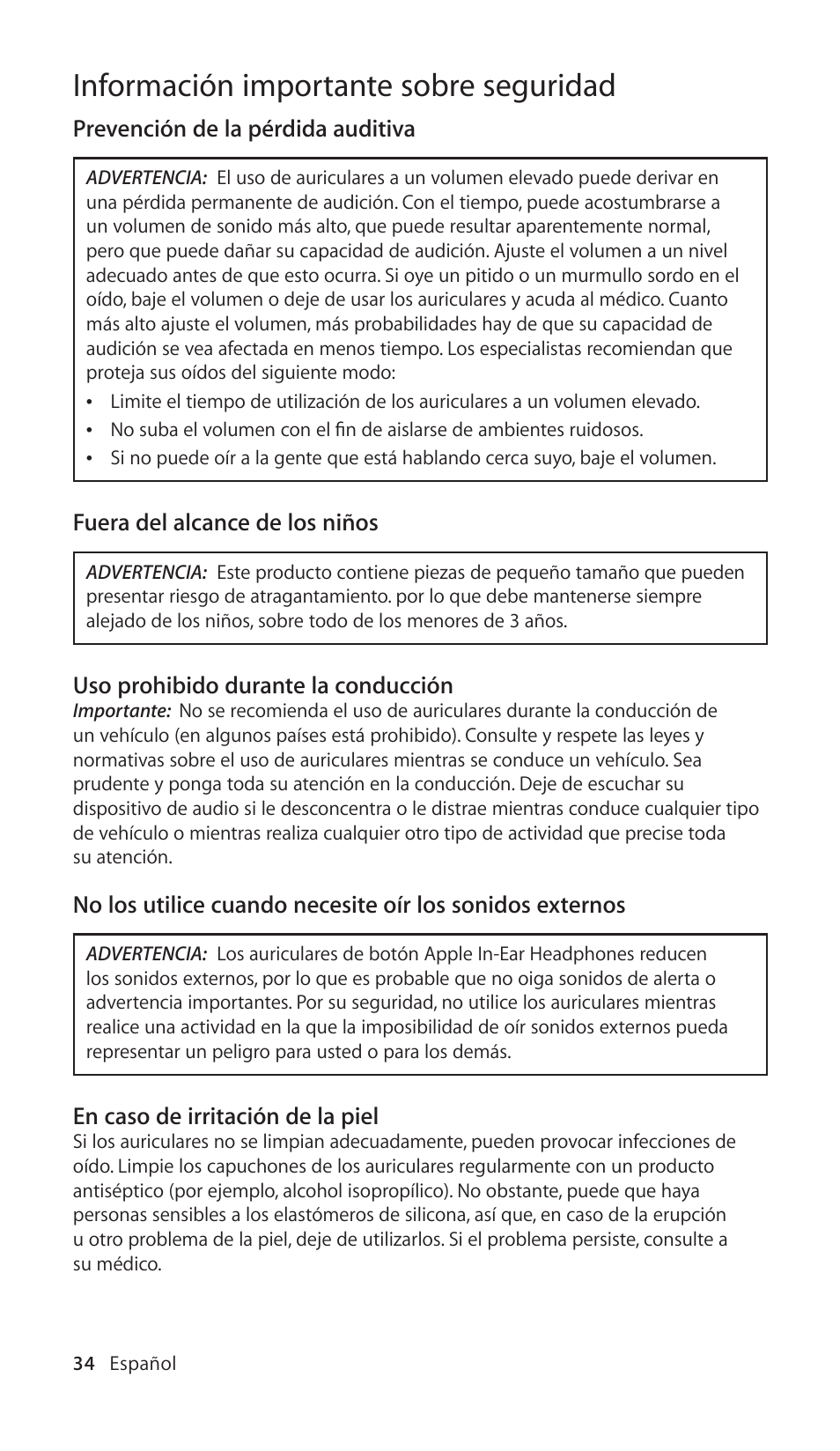 Información importante sobre seguridad | Apple In-Ear Headphones with Remote and Mic User Manual | Page 34 / 48