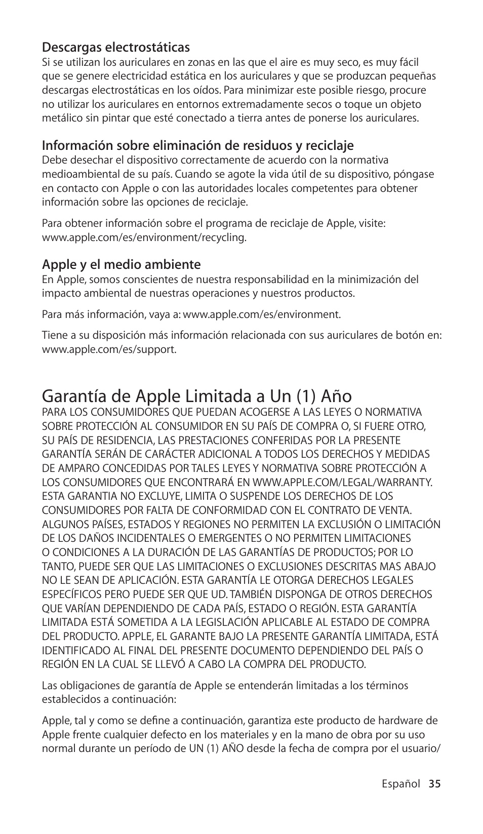 Garantía de apple limitada a un (1) año | Apple In-Ear Headphones with Remote and Mic User Manual | Page 35 / 48