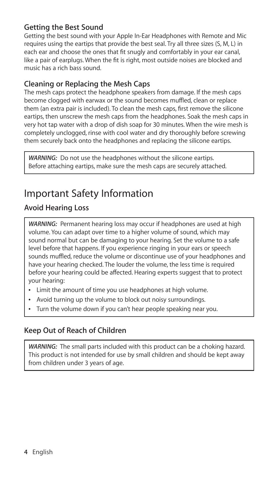 Important safety information | Apple In-Ear Headphones with Remote and Mic User Manual | Page 4 / 48