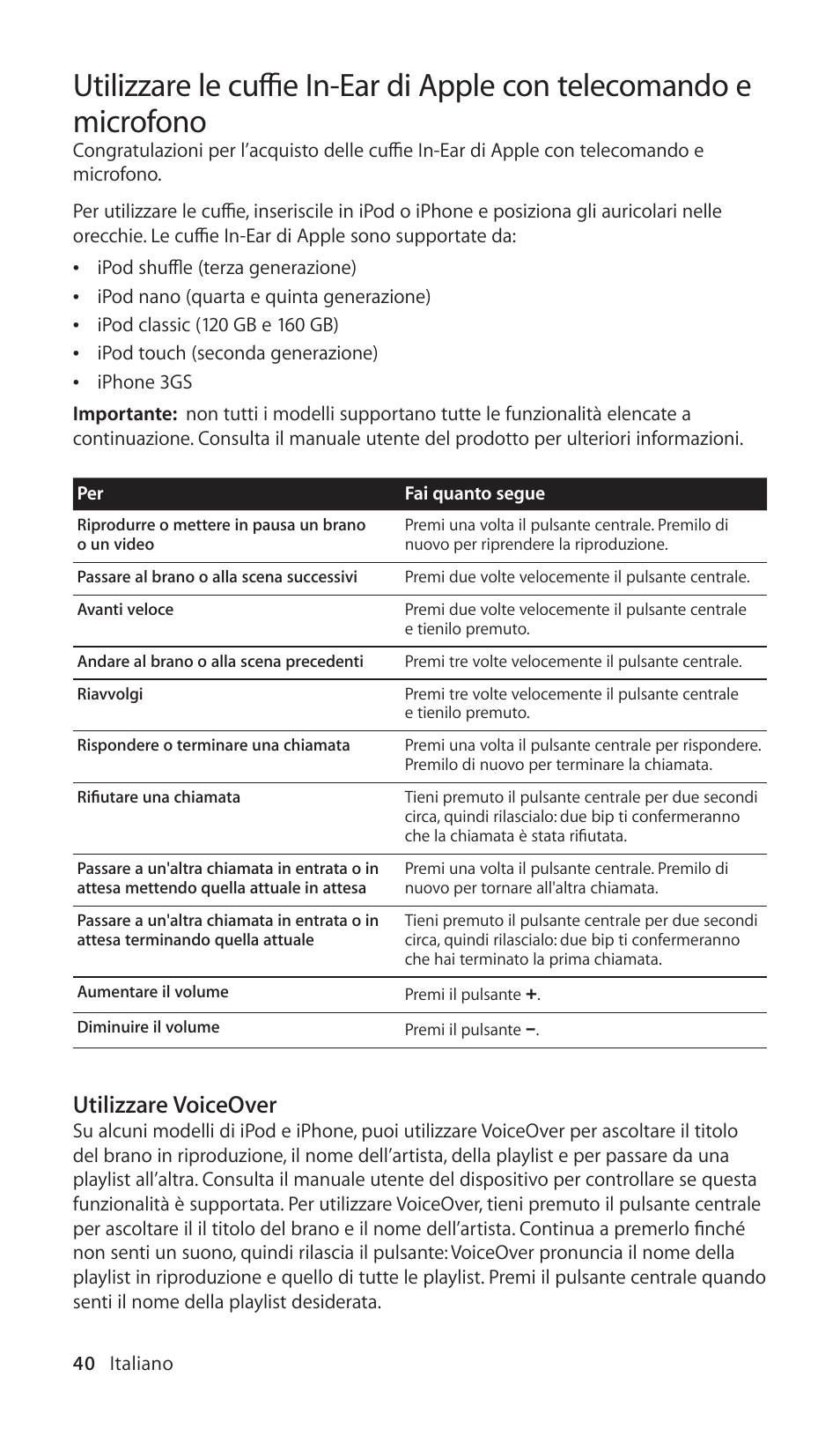 Utilizzare voiceover | Apple In-Ear Headphones with Remote and Mic User Manual | Page 40 / 48