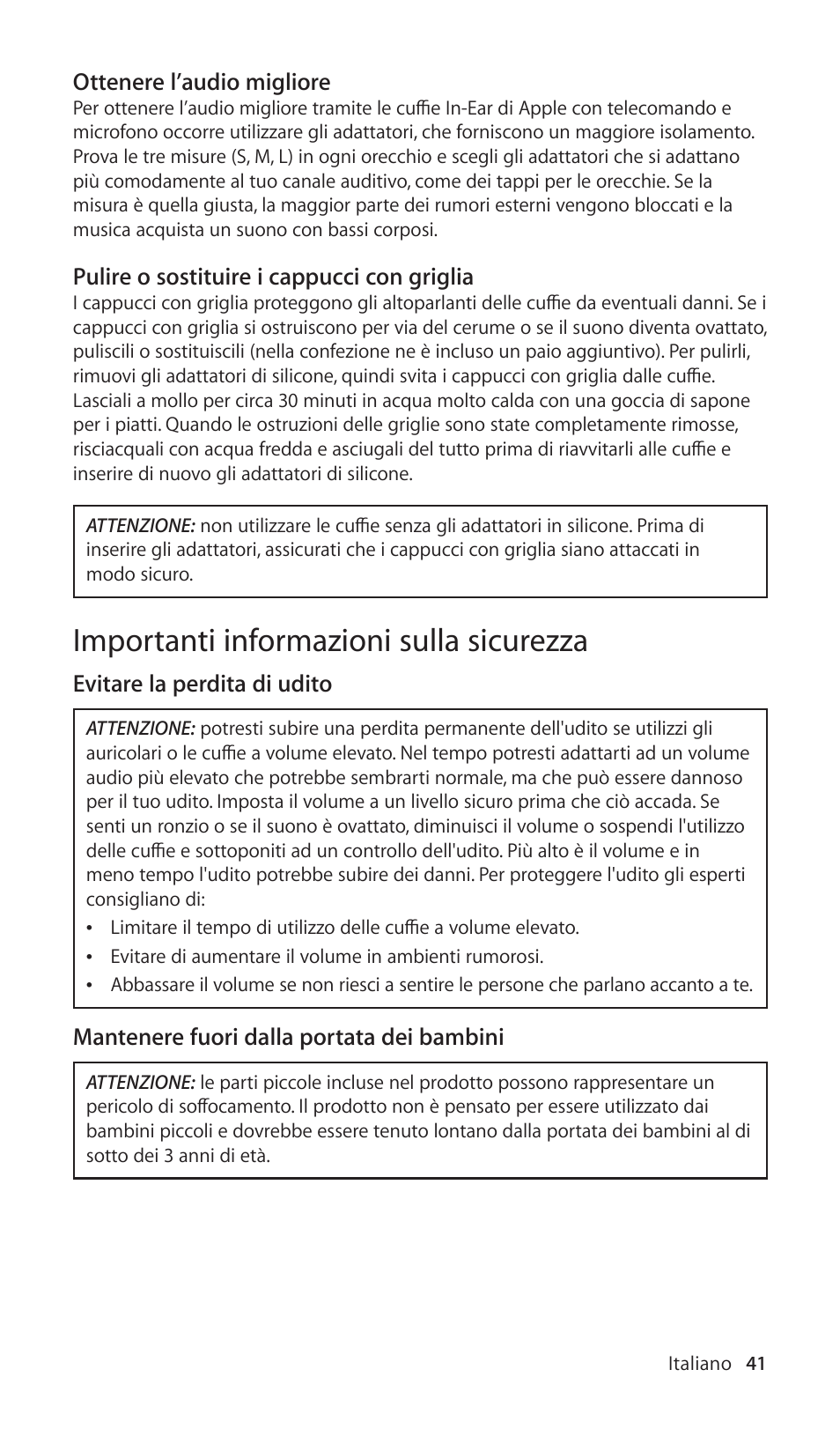 Importanti informazioni sulla sicurezza | Apple In-Ear Headphones with Remote and Mic User Manual | Page 41 / 48