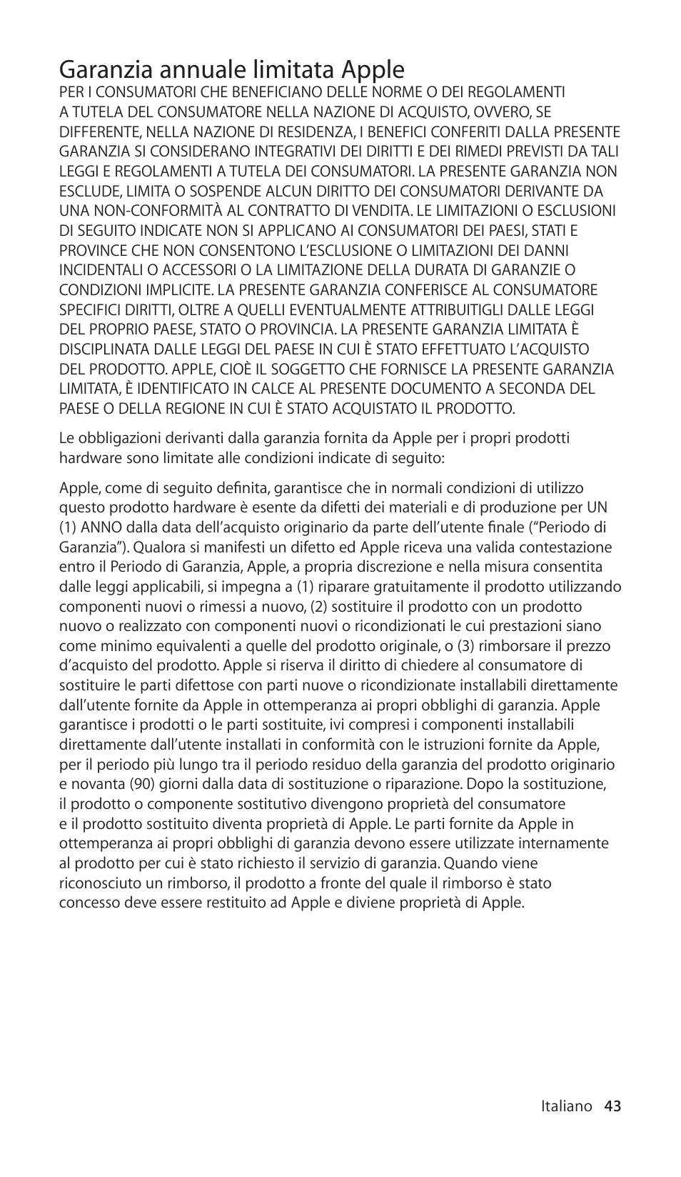 Garanzia annuale limitata apple | Apple In-Ear Headphones with Remote and Mic User Manual | Page 43 / 48