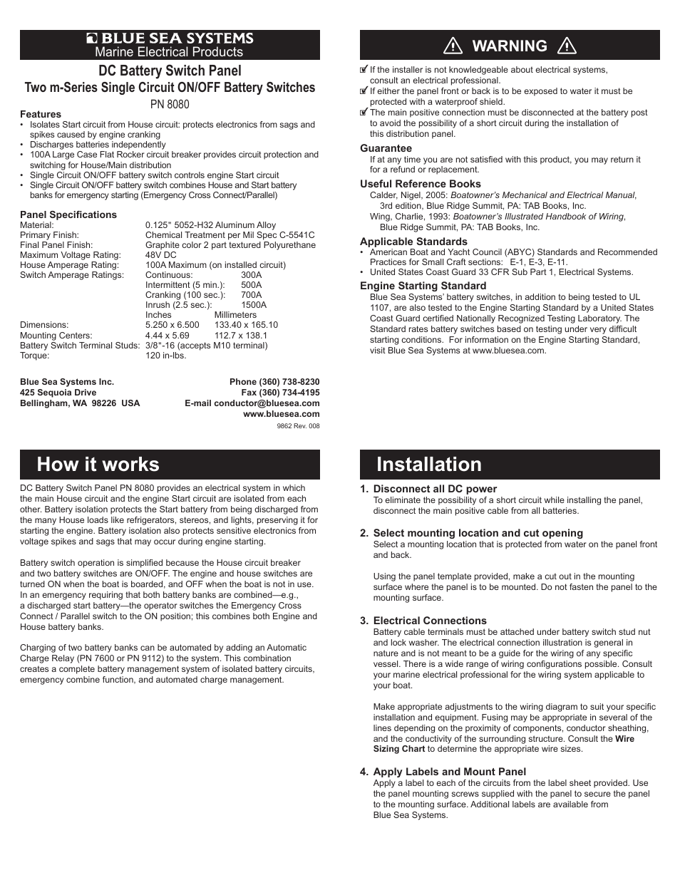 Blue Sea Systems 8080 Dual Battery Bank Management Panel User Manual | 2 pages