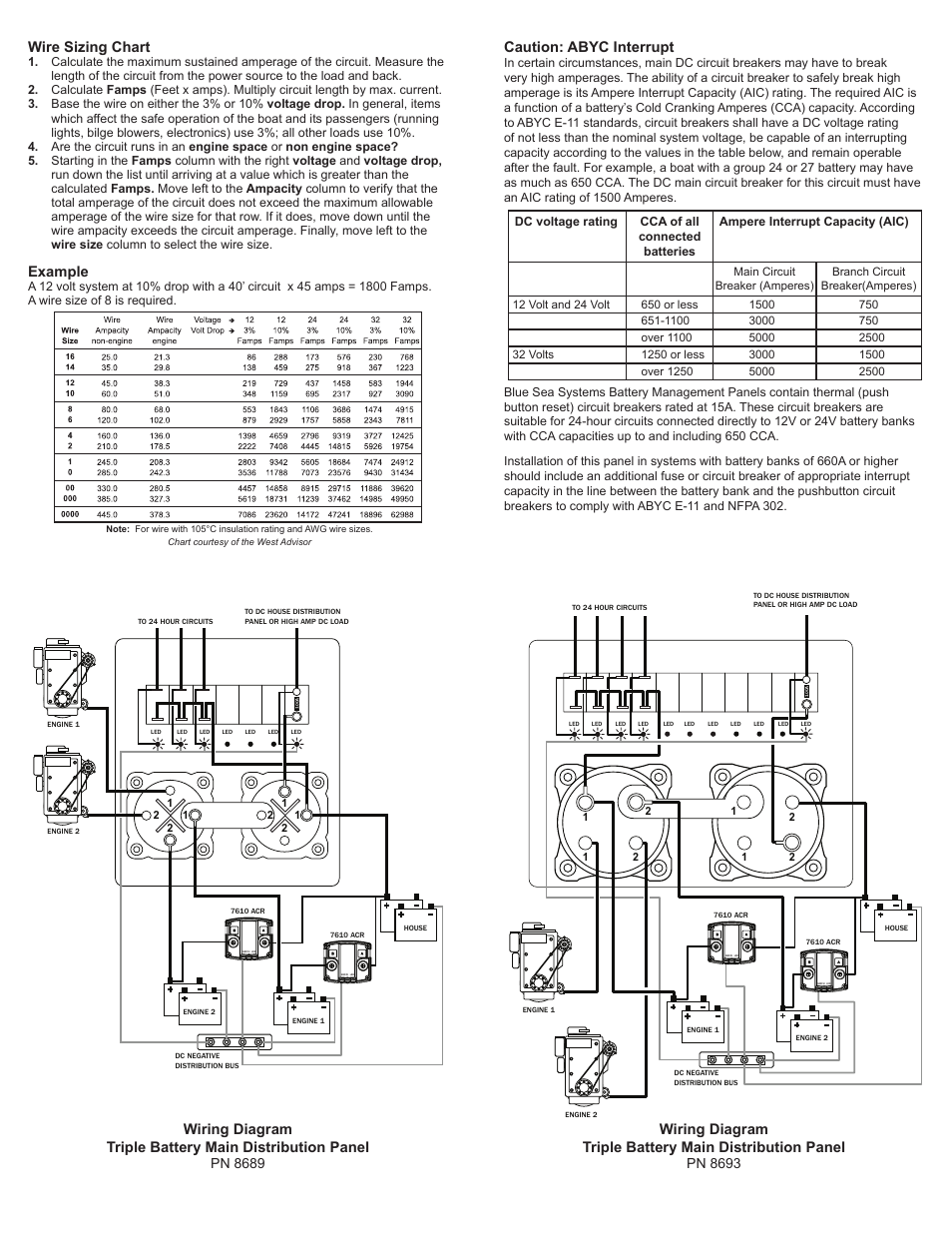 Wire sizing chart, Example, Caution: abyc interrupt | Blue Sea Systems 8693 Triple Battery Bank Management Panel User Manual | Page 2 / 2