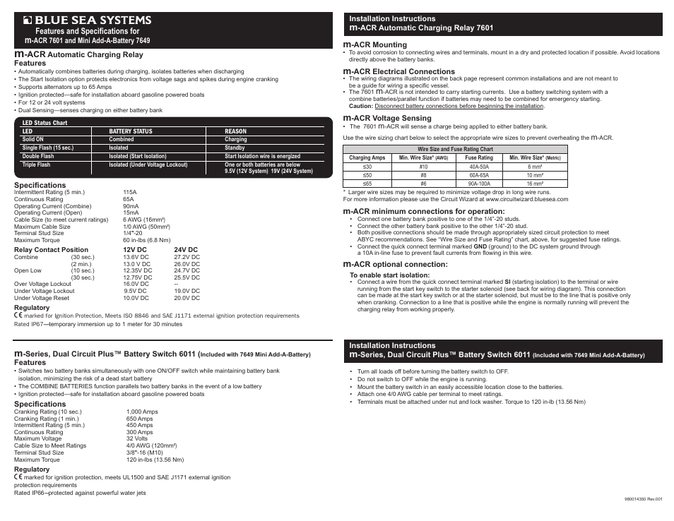 Blue Sea Systems 7601 m-Series Automatic Charging Relay - 12/24V DC 65A User Manual | 2 pages