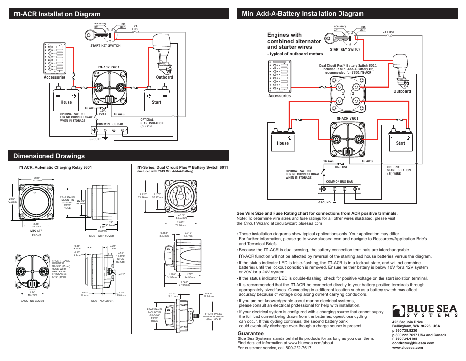Acr installation diagram, Dimensioned drawings, Mini add-a-battery installation diagram | Engines with combined alternator and starter wires | Blue Sea Systems 7601 m-Series Automatic Charging Relay - 12/24V DC 65A User Manual | Page 2 / 2