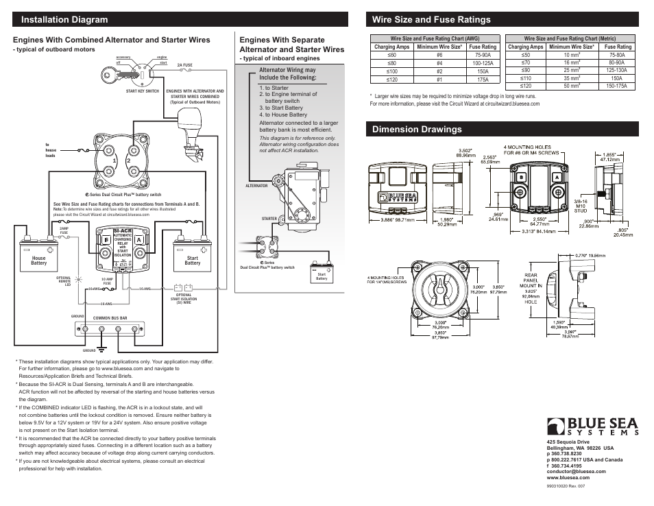 Installation diagram, Wire size and fuse ratings, Dimension drawings | Engines with combined alternator and starter wires, Engines with separate alternator and starter wires | Blue Sea Systems 7650003 Add-A-Battery Kit - 120A [Boxed] User Manual | Page 2 / 2