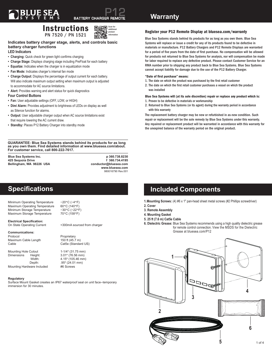 Blue Sea Systems 7520 P12 Battery Charger LED Remote User Manual | 4 pages