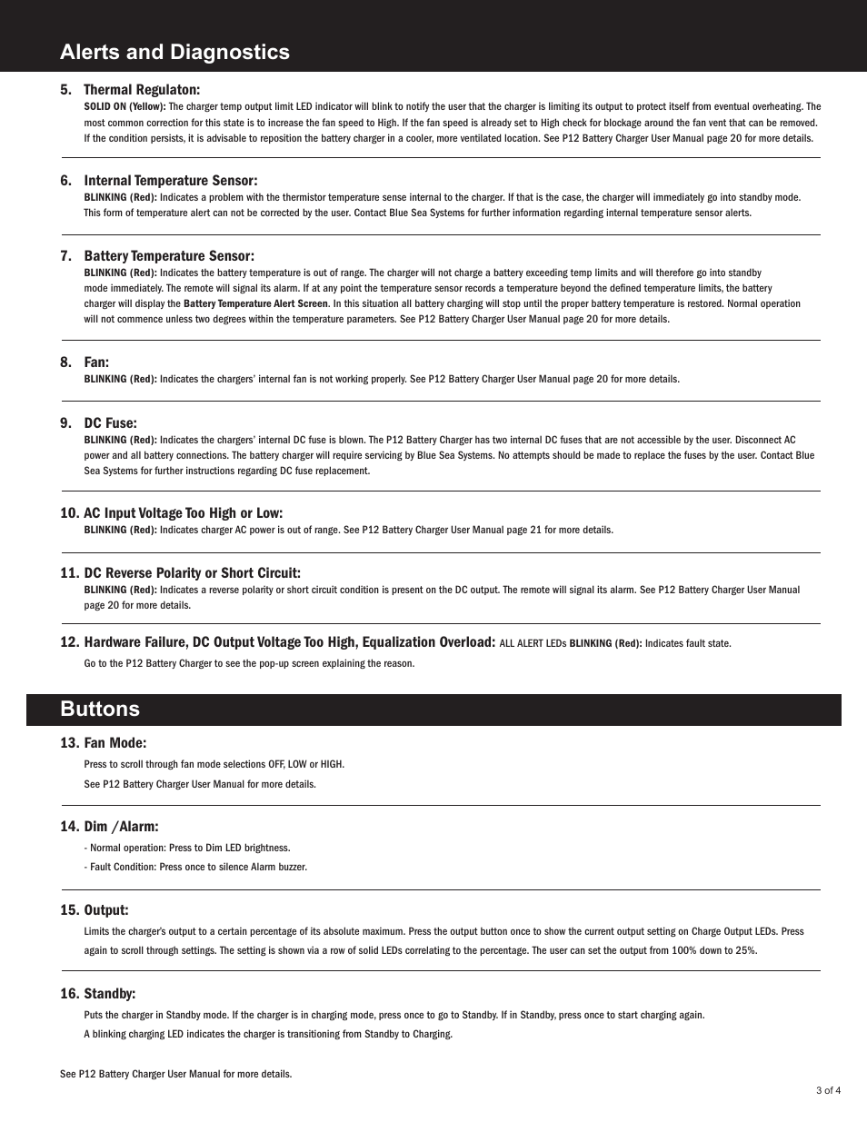 Alerts and diagnostics, Buttons, Thermal regulaton | Internal temperature sensor, Battery temperature sensor, Dc fuse, Ac input voltage too high or low, Dc reverse polarity or short circuit, Fan mode, Dim /alarm | Blue Sea Systems 7520 P12 Battery Charger LED Remote User Manual | Page 3 / 4