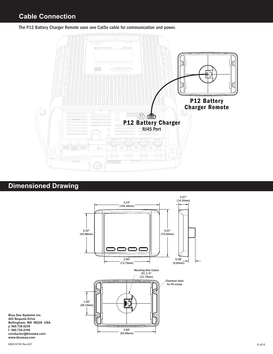 Cable connection, Dimensioned drawing, P12 battery charger remote | P12 battery charger, Rj45 port | Blue Sea Systems 7520 P12 Battery Charger LED Remote User Manual | Page 4 / 4