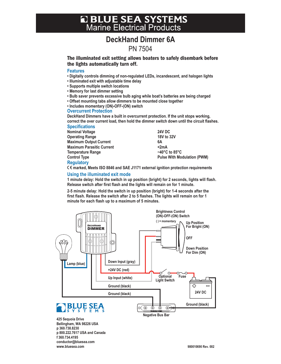 Blue Sea Systems 7504 Deckhand Dimmer - 24V DC 6A User Manual | 1 page