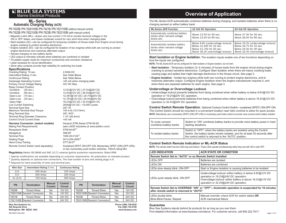 Blue Sea Systems 7620100B ML-ACR Heavy Duty Automatic Charging Relay 12V [Bulk] User Manual | 4 pages