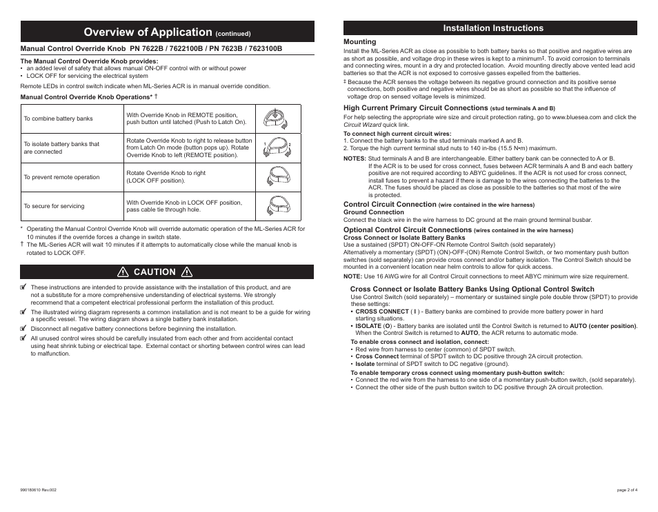 Overview of application | Blue Sea Systems 7620100B ML-ACR Heavy Duty Automatic Charging Relay 12V [Bulk] User Manual | Page 2 / 4