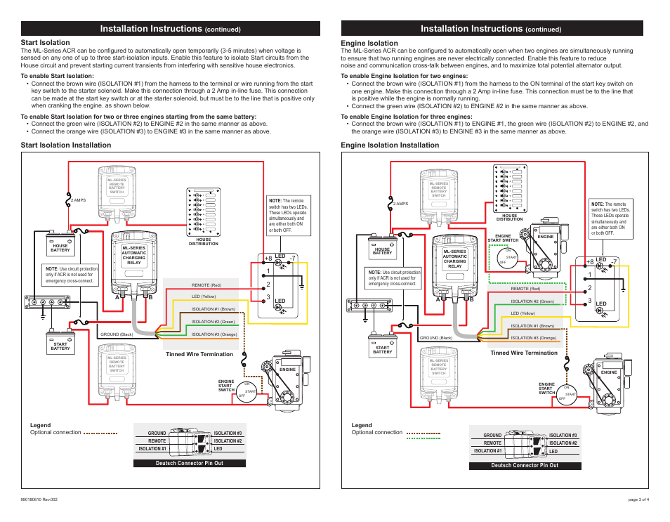 Installation instructions, Engine isolation, Start isolation | Start isolation installation, Engine isolation installation | Blue Sea Systems 7620100B ML-ACR Heavy Duty Automatic Charging Relay 12V [Bulk] User Manual | Page 3 / 4