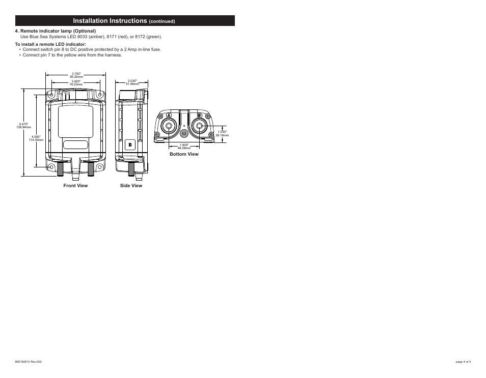 Installation instructions | Blue Sea Systems 7620100B ML-ACR Heavy Duty Automatic Charging Relay 12V [Bulk] User Manual | Page 4 / 4