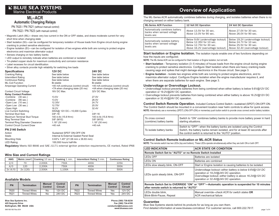 Blue Sea Systems 7620 ML-ACR Automatic Charging Relay - 12V DC 500A User Manual | 4 pages
