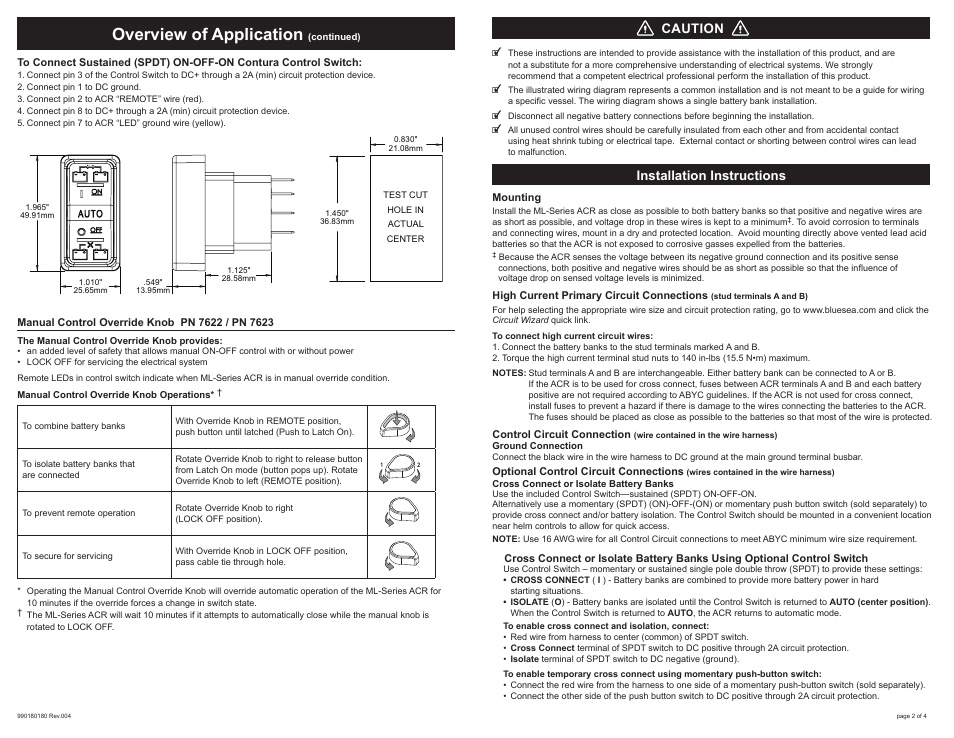 Overview of application, Installation instructions, Caution | Blue Sea Systems 7620 ML-ACR Automatic Charging Relay - 12V DC 500A User Manual | Page 2 / 4