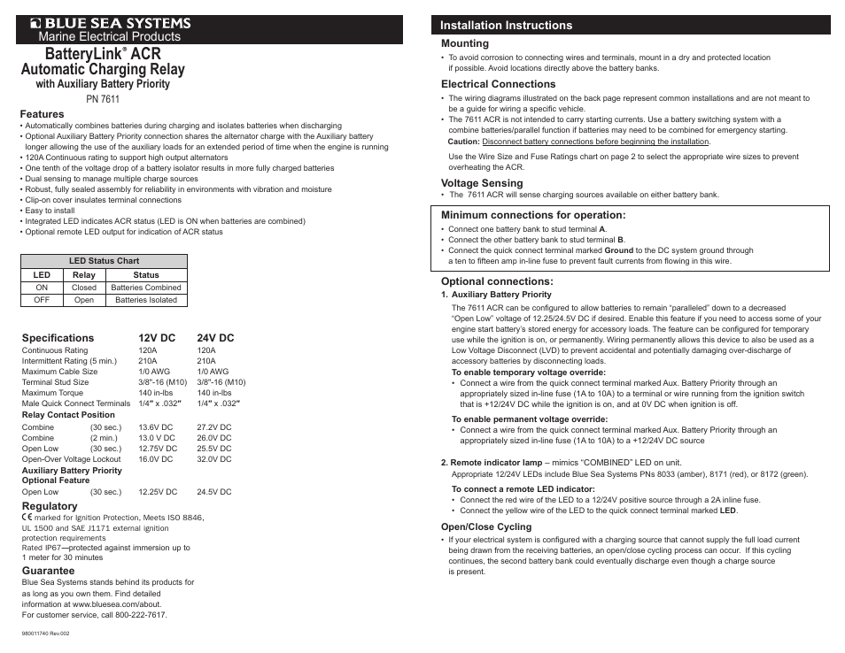 Blue Sea Systems 7611 BatteryLink Automatic Charging Relay - 12V/24V DC 120A User Manual | 2 pages