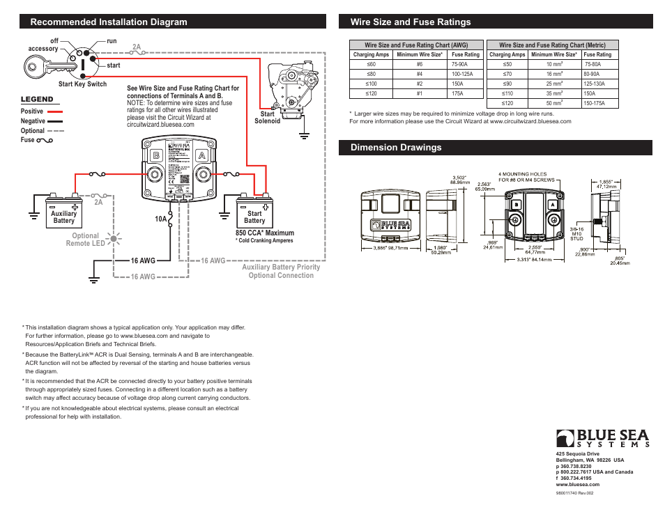 Recommended installation diagram, Dimension drawings wire size and fuse ratings | Blue Sea Systems 7611 BatteryLink Automatic Charging Relay - 12V/24V DC 120A User Manual | Page 2 / 2