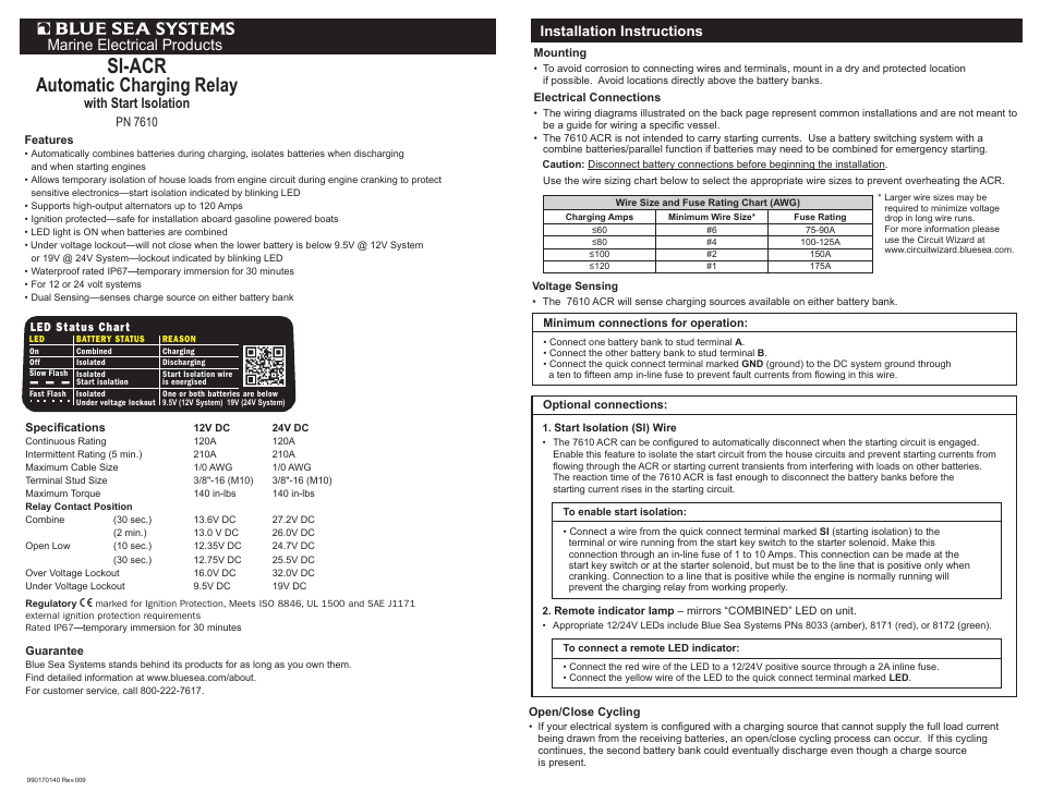 Blue Sea Systems 7610 SI-ACR Automatic Charging Relay - 12/24V DC 120A User Manual | 2 pages