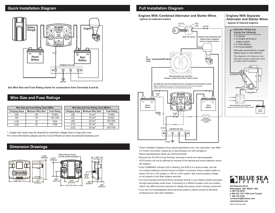 Quick installation diagram, Wire size and fuse ratings, Dimension drawings | Full installation diagram | Blue Sea Systems 7610 SI-ACR Automatic Charging Relay - 12/24V DC 120A User Manual | Page 2 / 2