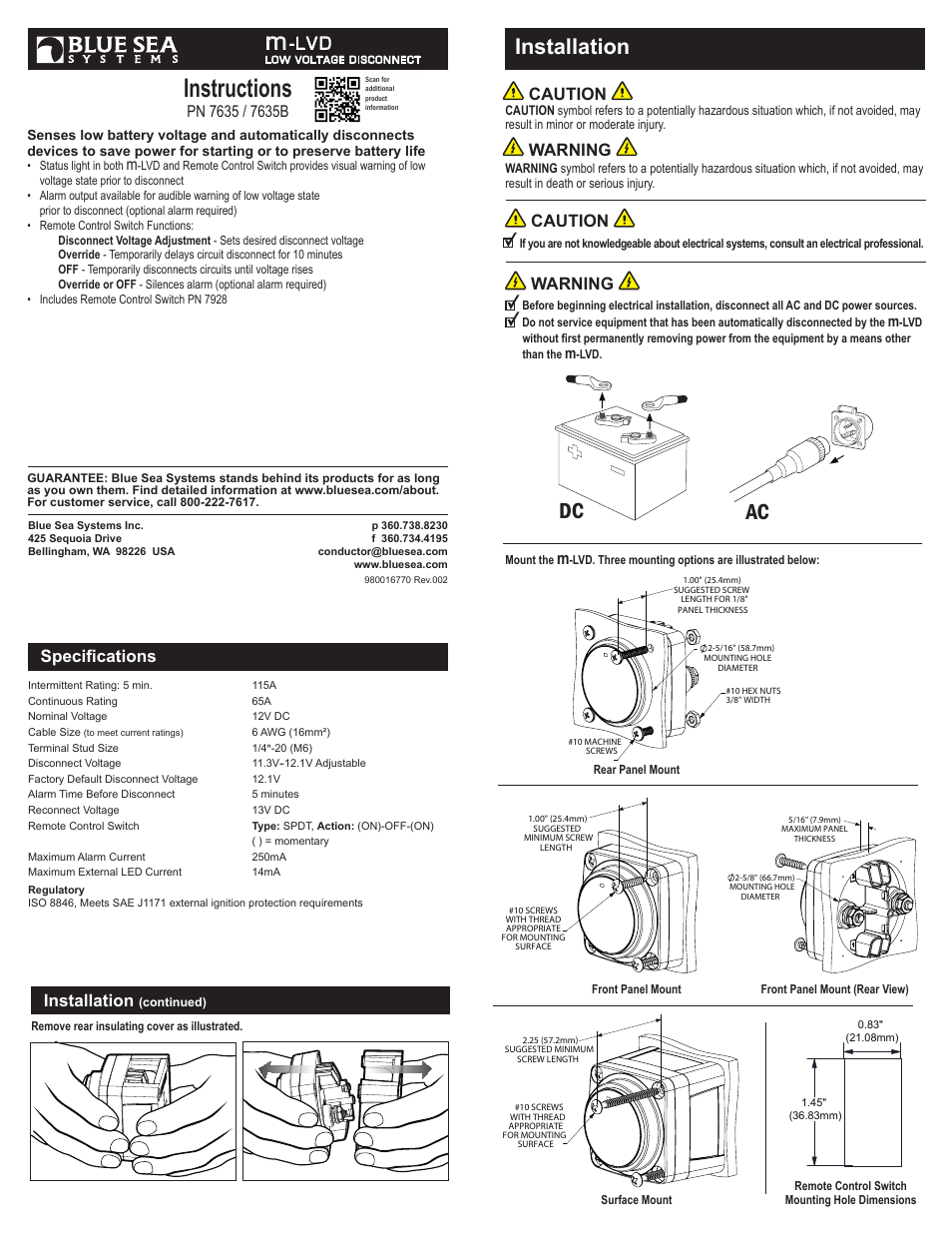 Blue Sea Systems 7635 m-LVD Low Voltage Disconnect User Manual | 2 pages