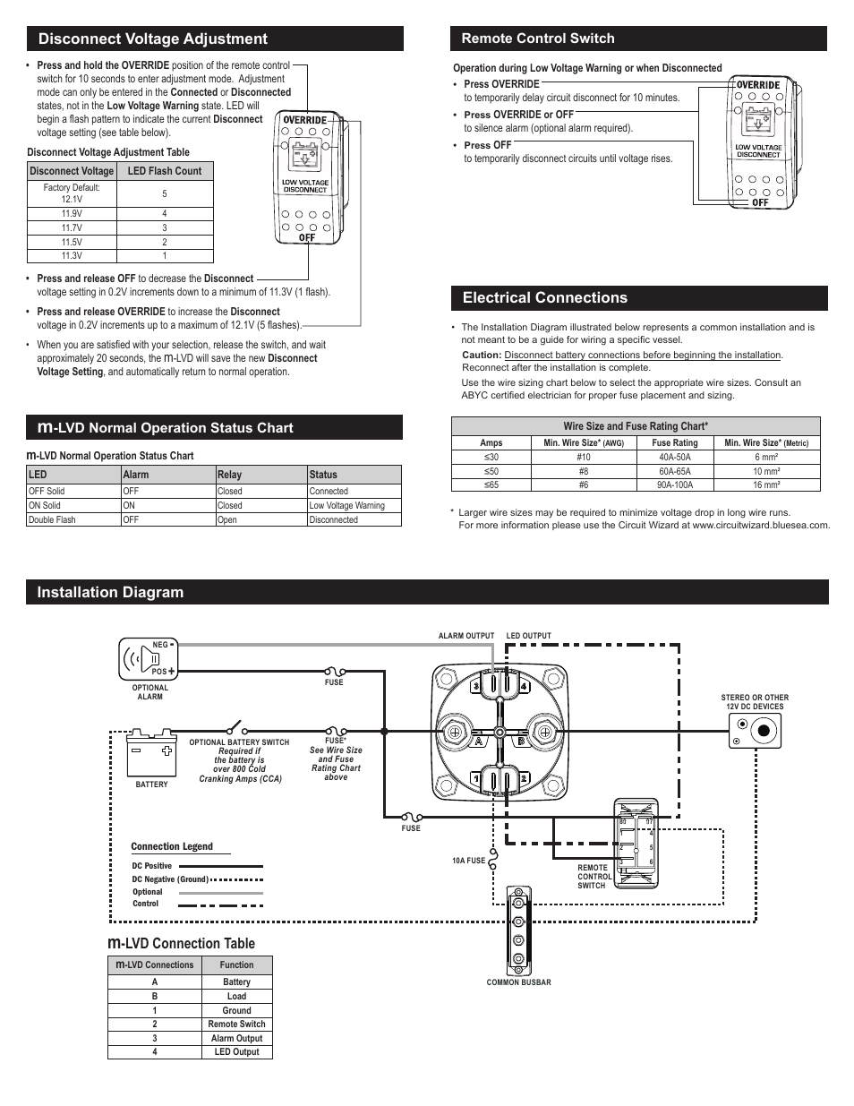 Installation diagram, Electrical connections, Disconnect voltage adjustment | Lvd connection table, Lvd normal operation status chart, Remote control switch | Blue Sea Systems 7635 m-LVD Low Voltage Disconnect User Manual | Page 2 / 2