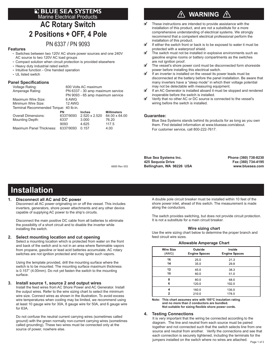 Blue Sea Systems 6337 AC Rotary Switch - OFF + 2 Positions 120V AC 30A User Manual | 3 pages