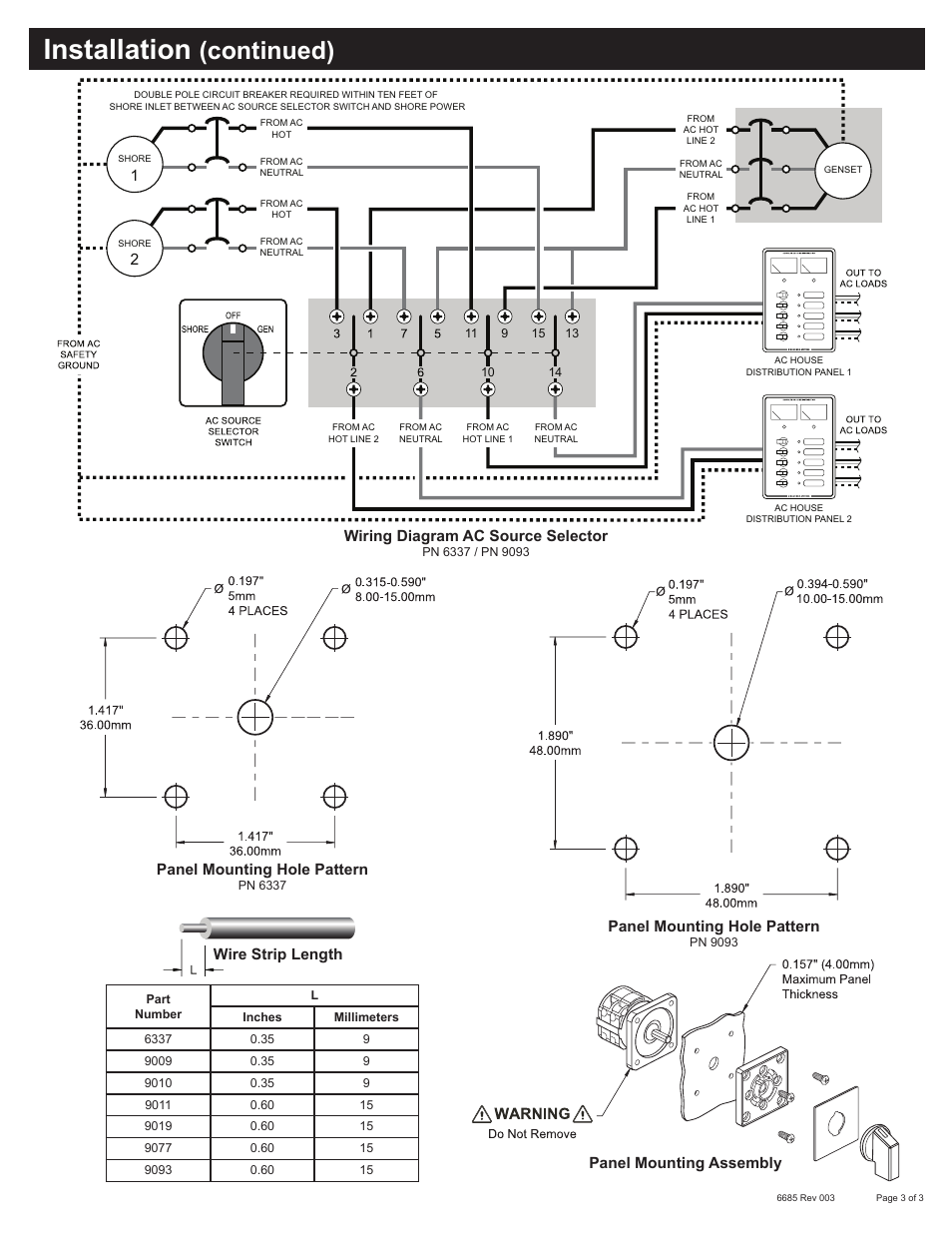 Installation, Continued), Wiring diagram ac source selector | Panel mounting hole pattern, Panel mounting assembly, Wire strip length | Blue Sea Systems 6337 AC Rotary Switch - OFF + 2 Positions 120V AC 30A User Manual | Page 3 / 3