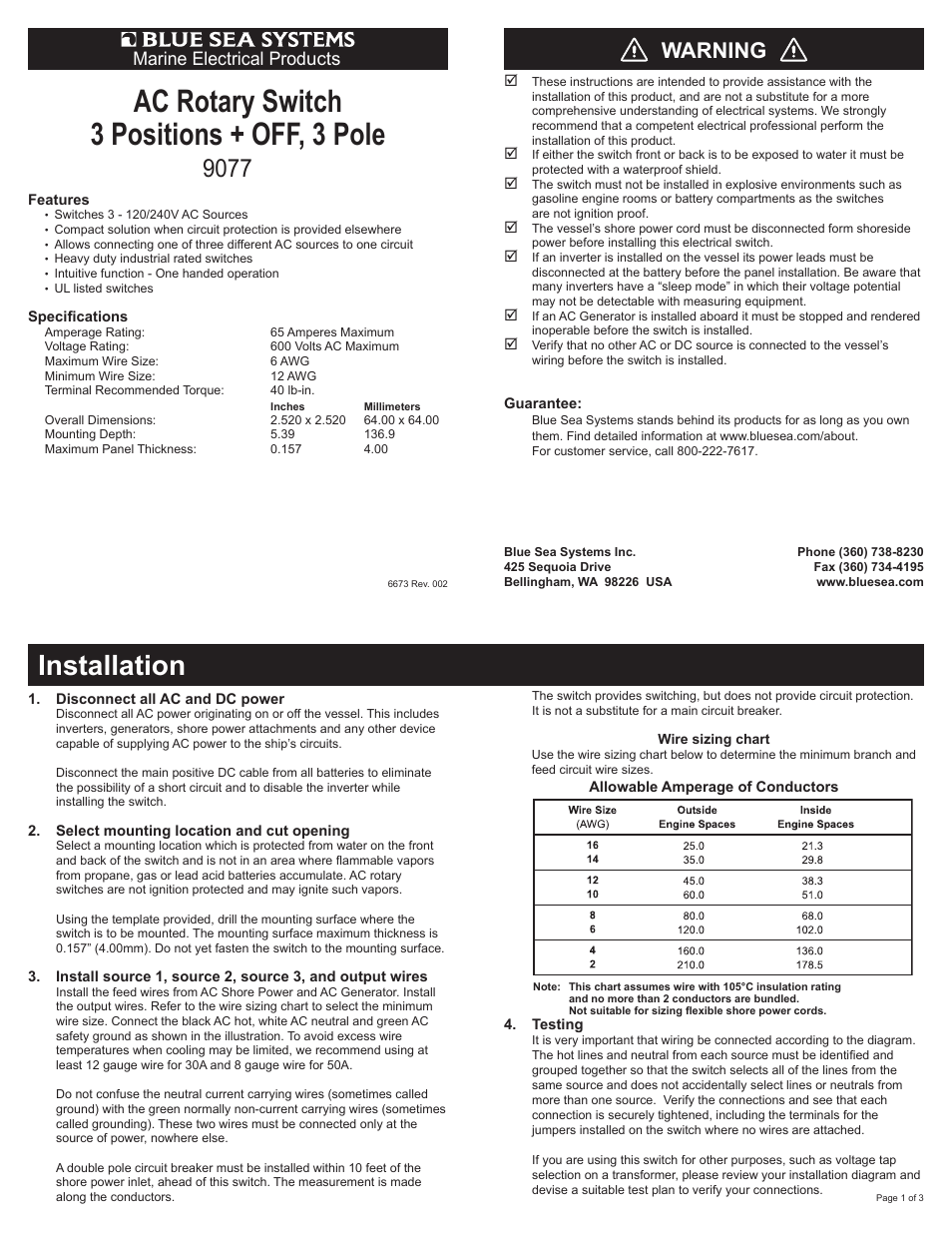 Blue Sea Systems 9077 AC Rotary Switch - OFF + 3 Positions 240V AC 65A User Manual | 3 pages