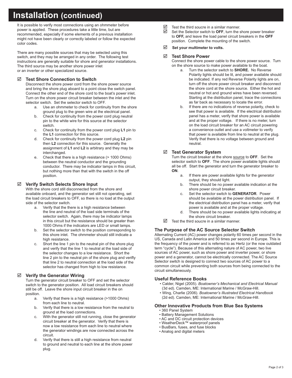 Installation, Continued) | Blue Sea Systems 9077 AC Rotary Switch - OFF + 3 Positions 240V AC 65A User Manual | Page 2 / 3