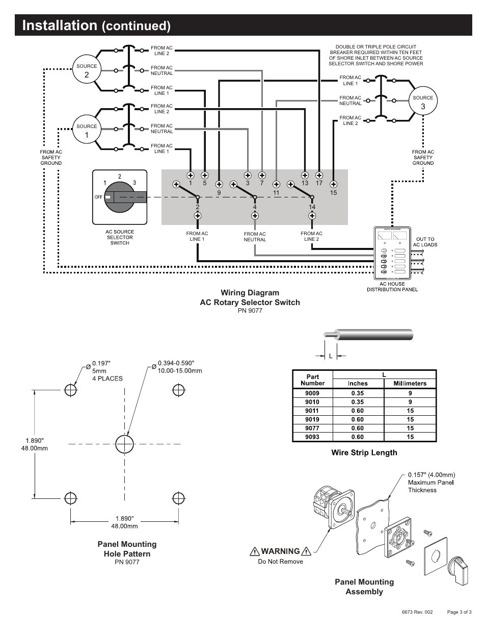 Installation, Continued) | Blue Sea Systems 9077 AC Rotary Switch - OFF + 3 Positions 240V AC 65A User Manual | Page 3 / 3