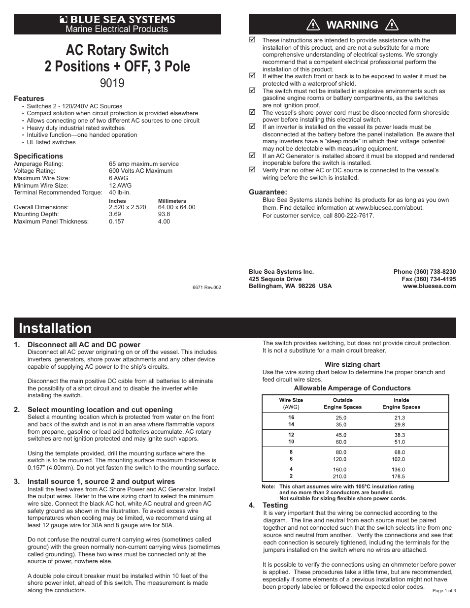 Blue Sea Systems 9019 AC Rotary Switch - OFF + 2 Positions 240V AC 65A User Manual | 3 pages