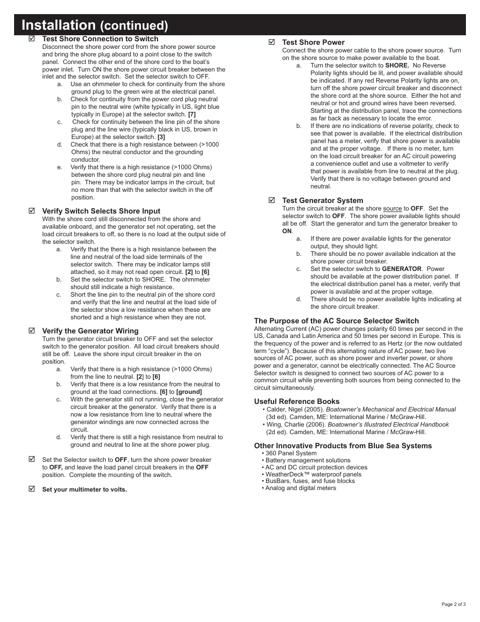 Installation, Continued) | Blue Sea Systems 9019 AC Rotary Switch - OFF + 2 Positions 240V AC 65A User Manual | Page 2 / 3
