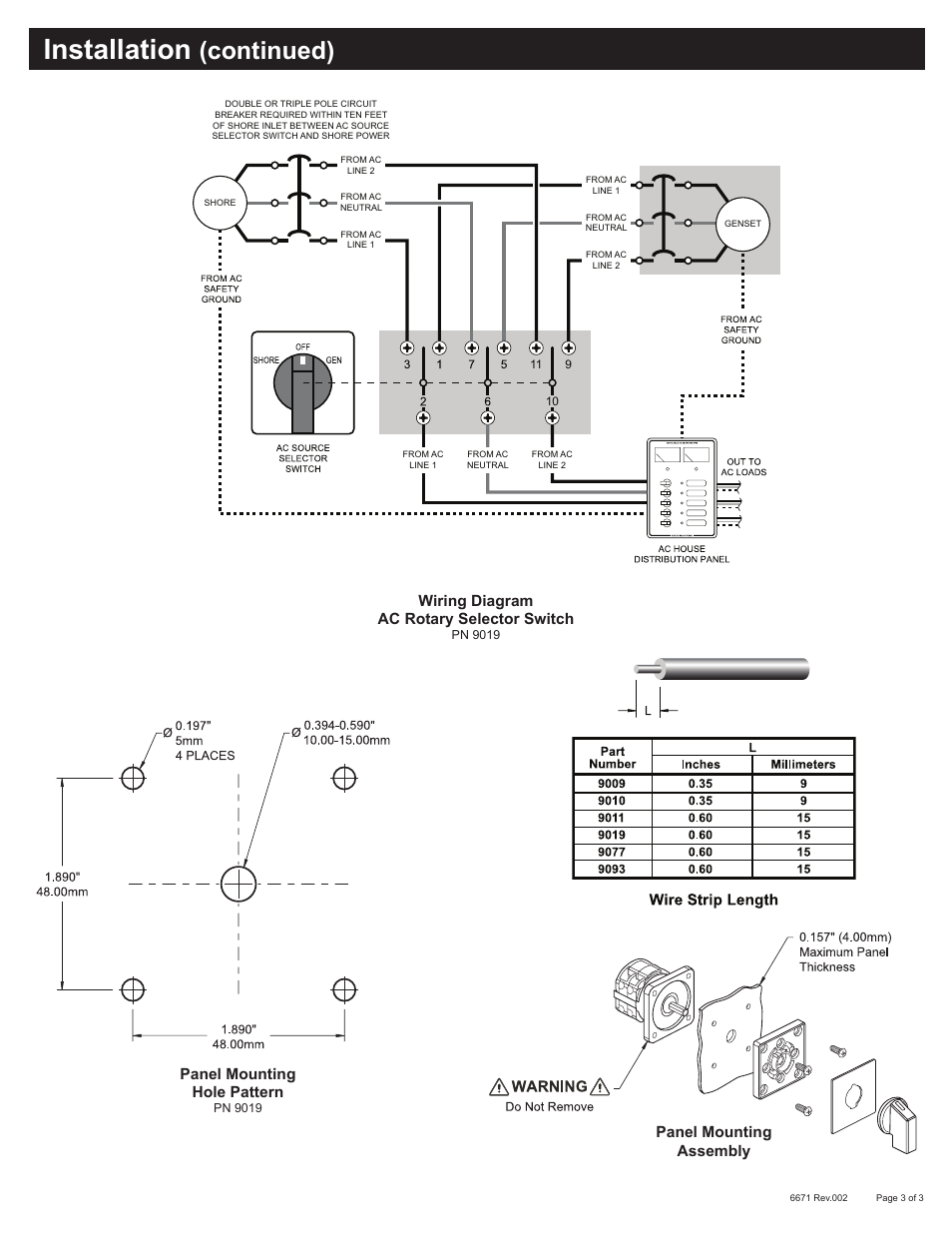 Installation, Continued), Panel mounting hole pattern | Wiring diagram ac rotary selector switch, Panel mounting assembly | Blue Sea Systems 9019 AC Rotary Switch - OFF + 2 Positions 240V AC 65A User Manual | Page 3 / 3