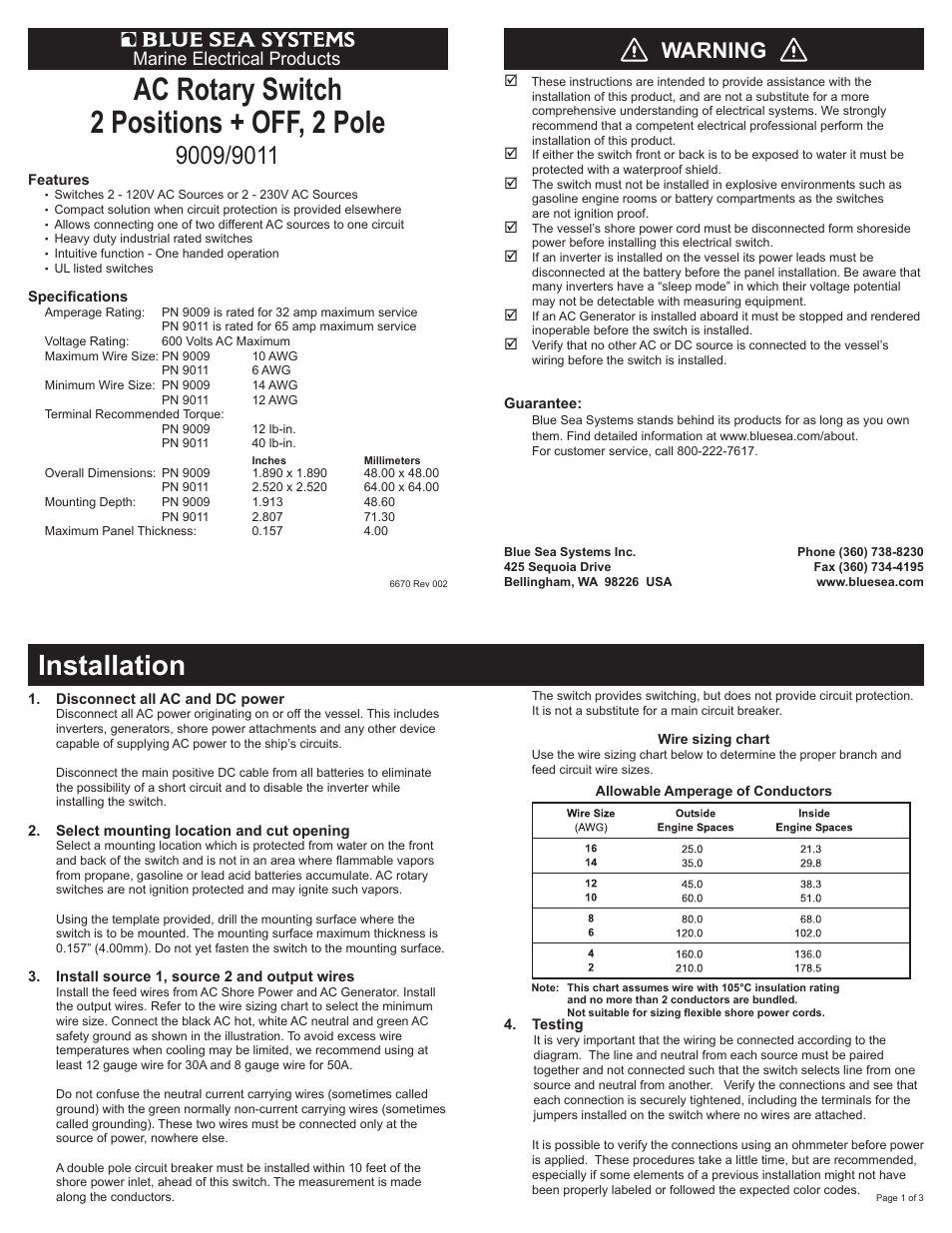 Blue Sea Systems 9009 AC Rotary Switch - OFF + 2 Positions 120V AC 30A User Manual | 3 pages
