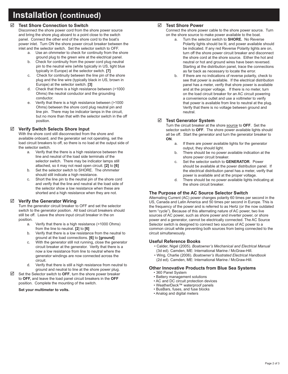 Installation, Continued) | Blue Sea Systems 9009 AC Rotary Switch - OFF + 2 Positions 120V AC 30A User Manual | Page 2 / 3
