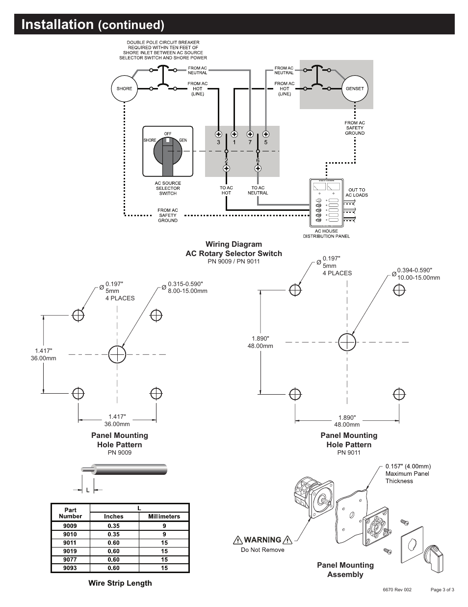 Installation, Continued) | Blue Sea Systems 9009 AC Rotary Switch - OFF + 2 Positions 120V AC 30A User Manual | Page 3 / 3