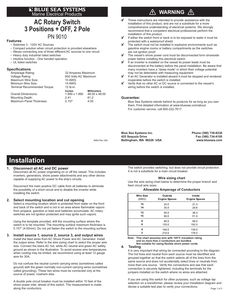 Blue Sea Systems 9010 AC Rotary Switch - OFF + 3 Positions 120V AC 30A User Manual | 3 pages