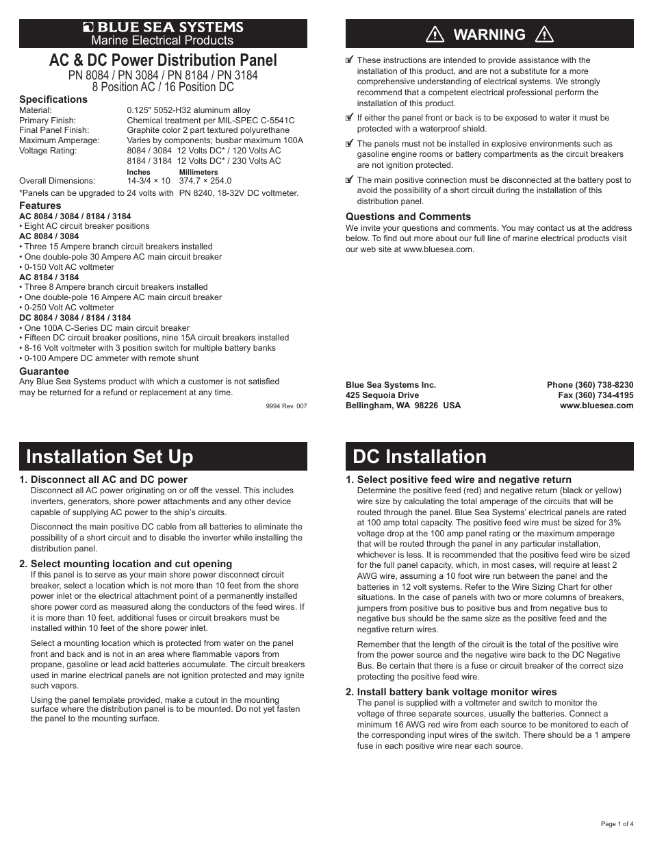 Blue Sea Systems 8184 AC Main + 6 Positions/DC Main + 15 Positions [European] User Manual | 4 pages